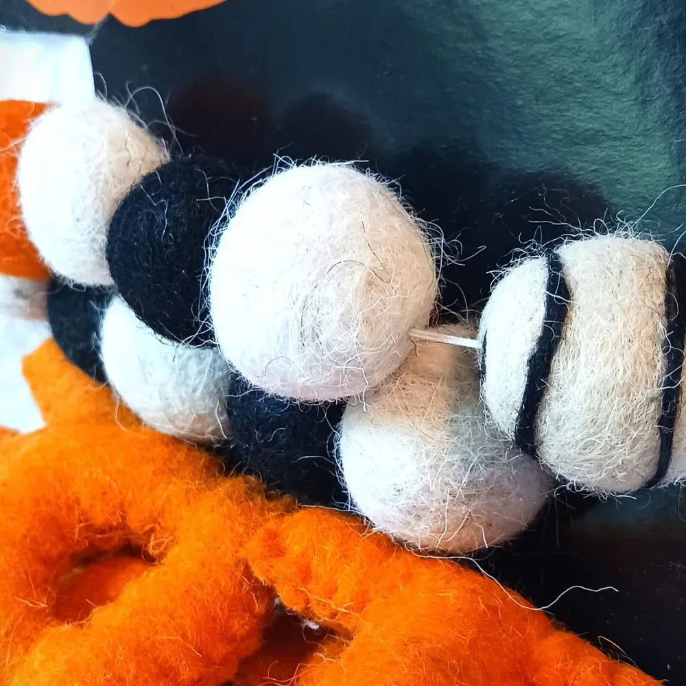 Trick Or Treat Black Orange White 6 Foot Garland Felted Wool Puffy Letters Balls